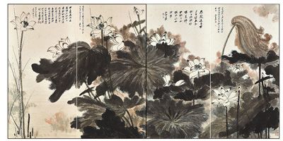 张大千通景四条屏中国画《荷塘野趣》