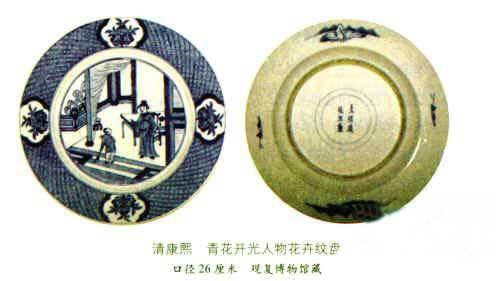 清康熙青花开光人物花卉纹盘